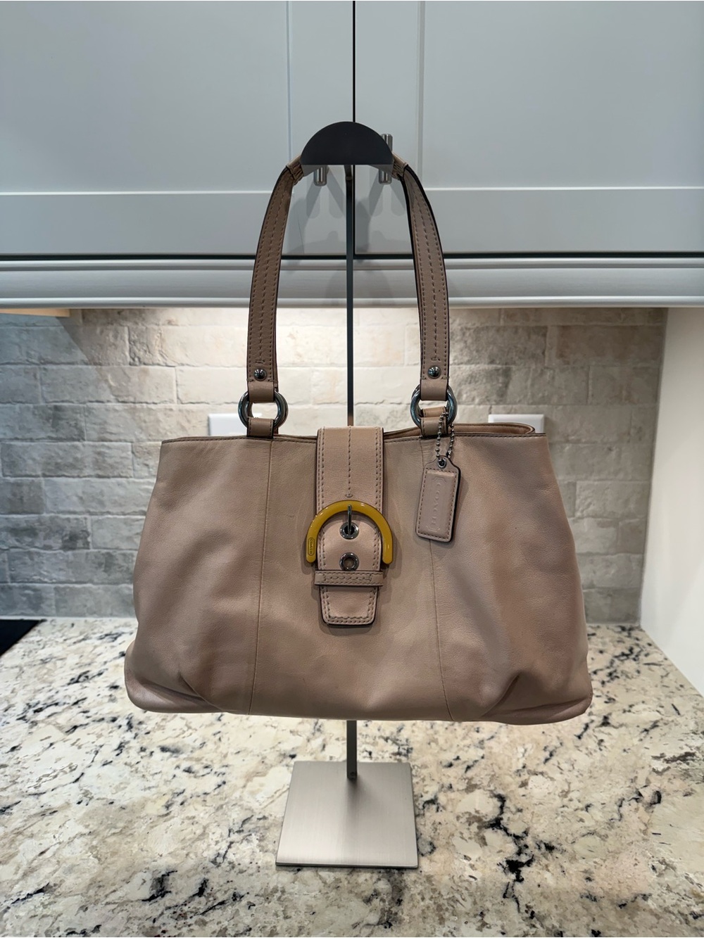 Coach EUC Taupe/Pink Leather Soho Shoulder Bag w/Yellow Buckle Accent